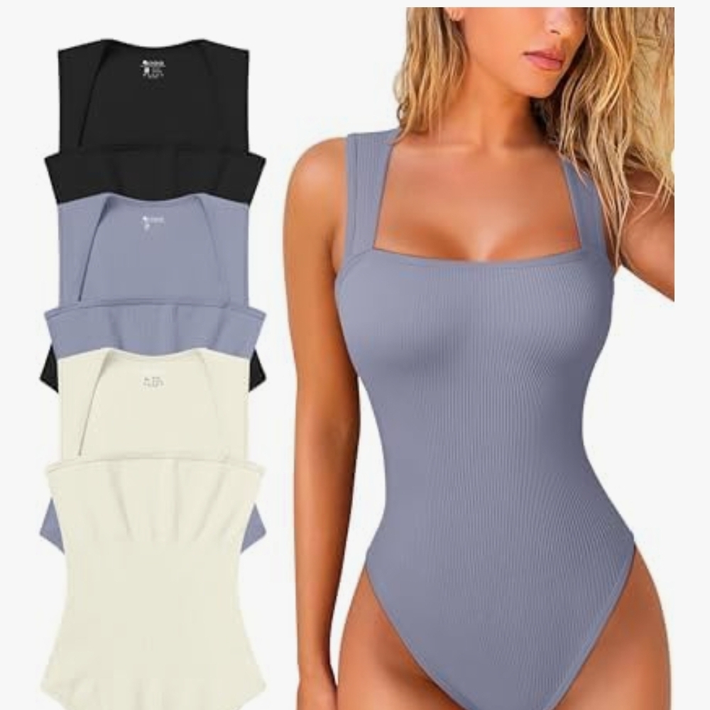 Women's Ribbed Square Neck Bodysuit - Black, Blue, Cream